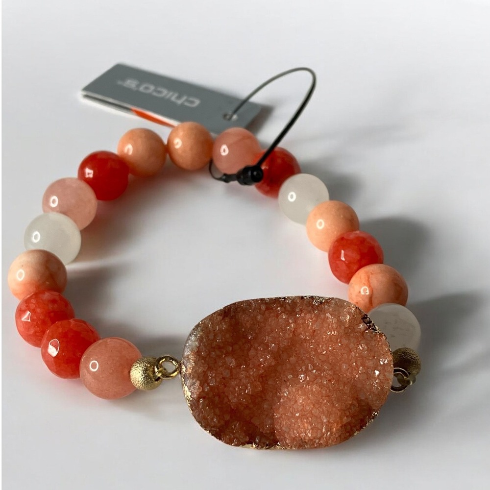 Chico's Beaded Stretch Bracelet Natural Stone Druzy Accent Gold Tone‎